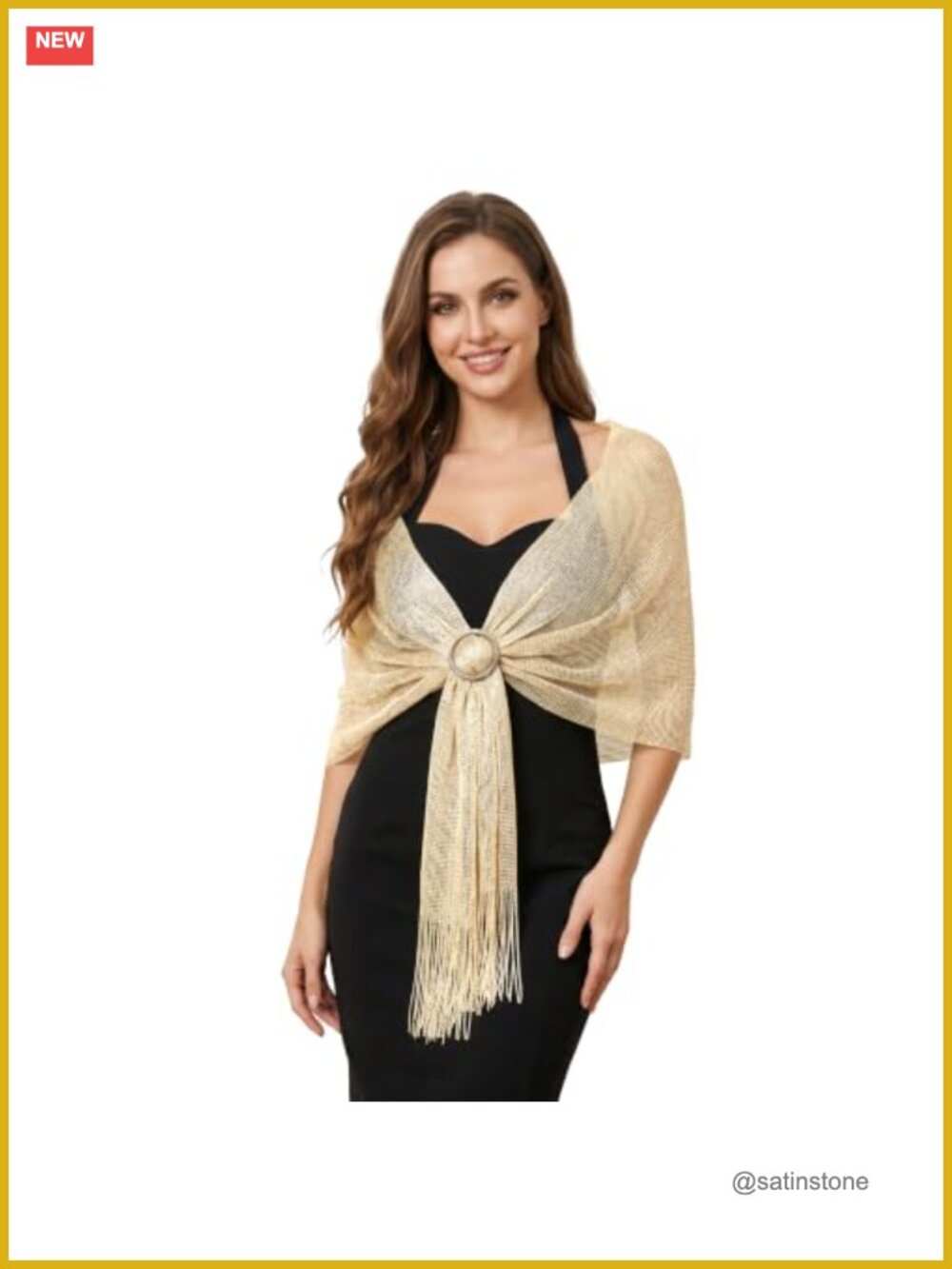 Sparkling Silver Fringe Pashmina Shawl Wrap for Women with Buckle Formal Party